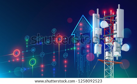 5G communication tower for wireless hi-speed internet. Mobile network technology in city life concept. LTE aerial connection with satellite net. Mast of station of the broadcasting cellular.