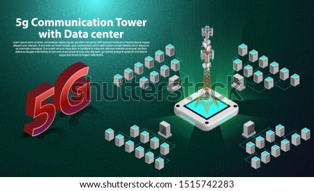 5g Communication Tower Wireless Hi-speed Internet with Data center with circuit board is background. LTE aerial network connection, fastest internet in future