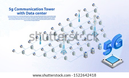 5g Communication Tower Wireless Hi-speed Internet with Data center with circuit board is background. LTE aerial network connection, fastest internet in future