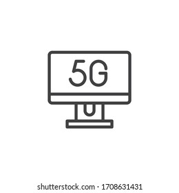 5G computer display line icon. linear style sign for mobile concept and web design. 5G internet connection outline vector icon. Symbol, logo illustration. Vector graphics