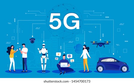 5G concept. Cartoon infographic of a 5G wireless network using mobile wireless technology for faster connectivity with smartphones, robotics, computing, drones and vehicle, vector illustration