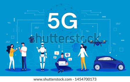 5G concept. Cartoon infographic of a 5G wireless network using mobile wireless technology for faster connectivity with smartphones, robotics, computing, drones and vehicle, vector illustration