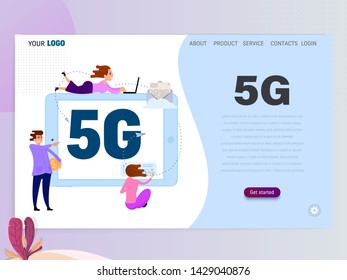 5G connected concept with characters, landing page template, flat style.