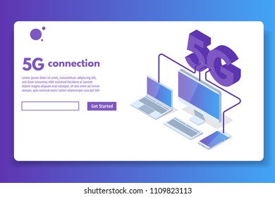 5G connection isometric concept. Telecommunications technology. Vector illustration.
