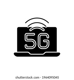 5g connection with laptop glyph icon. High speed internet. Thin line customizable illustration. Contour symbol. Vector isolated outline drawing.