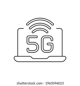 5g de conexión con el icono lineal del portátil. Internet de alta velocidad. Ilustración personalizable de línea delgada. Símbolo de contorno. Dibujo de contorno aislado del vector. Trazo editable