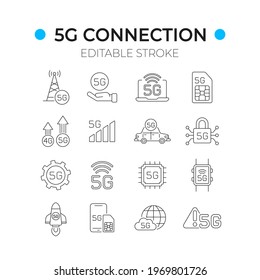 Juego de iconos lineales de conexión 5G. Internet de alta velocidad. Ilustración personalizable de línea delgada. Símbolo de contorno. Dibujo de contorno aislado del vector. Trazo editable