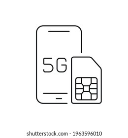 5g connection sim card with smartphone linear icon. High speed internet. Thin line customizable illustration. Contour symbol. Vector isolated outline drawing. Editable stroke