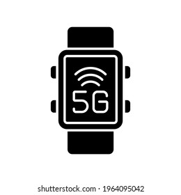 5g de conexión en el icono de glifo reloj inteligente. Internet de alta velocidad. Ilustración personalizable de línea delgada. Símbolo de contorno. Dibujo de contorno aislado del vector.