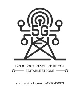 5G connectivity pixel perfect linear icon. Cellular tower. Data transmission, frequency. Telecommunication transmitters. Thin line illustration. Contour symbol. Vector outline drawing. Editable stroke