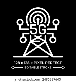 5G connectivity pixel perfect white linear icon for dark theme. Data transmission, frequency. Telecommunication transmitters. Thin line illustration. Isolated symbol for night mode. Editable stroke