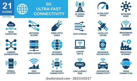 5G connectivity solid icon set. Includes symbols for Antenna, Signal, and Network. Vectors for telecom apps.