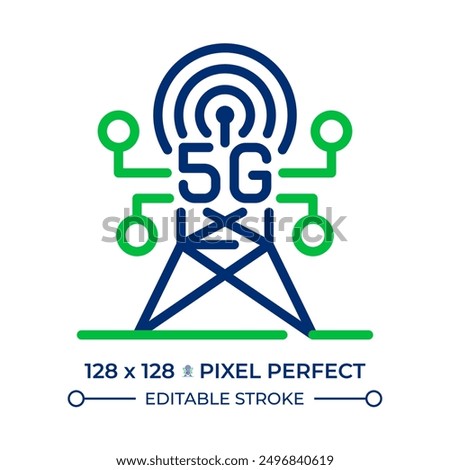 5G connectivity two color line icon. Cellular tower. Data transmission. Telecommunication transmitters bicolor outline symbol. Duotone linear pictogram. Isolated illustration. Editable stroke