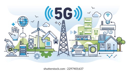 5G connectivity for urban IOT signal network streaming outline concept. Technology with fifth generation internet from high speed cellular tower vector illustration. Modern data download service.