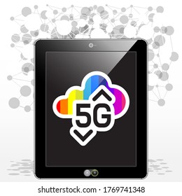 A 5G Data Cloud logo presented on a vertical orientated Tablet PC.