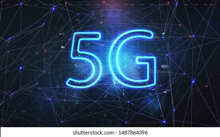 5G data flow high speed internet web telecommunication. Abstract global with wireless communication network on futuristic background. Mobile internet concept. 3D Vector illustration. 