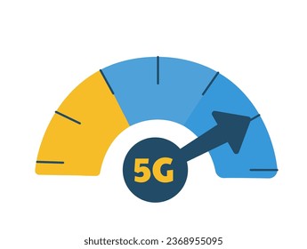 concepto de medidor de dispositivo 5G. Aparato moderno para conexión inalámbrica. Estadísticas e infografía. Pegatina para redes sociales y mensajeros. Dibujo vectorial plano de dibujos animados aislado en fondo blanco