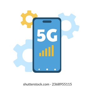 concepto de smartphone de dispositivo 5G. Aparato moderno para comunicación inalámbrica. Teléfono con nivel de conexión. Afiche o pancarta. Dibujo vectorial plano de dibujos animados aislado en fondo blanco