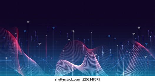 5G dot line mobile technology. Wireless data network and connection technology concept. high-speed, futuristic background, telecommunication. vector design. 