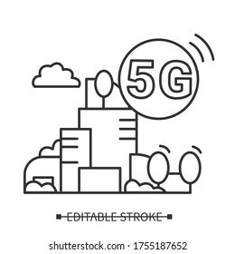 5g environment icon. Linear pictogram of green smart city with modern wireless transmission technology, ecology advantage concept. Editable stroke vector illustration for web telecom service