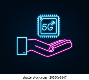 5G eSIM Embedded SIM card with hands neon icon symbol concept. new chip mobile cellular communication technology. Vector stock illustration.
