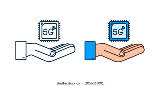 5G eSIM Embedded SIM Karte mit dem Handsymbol Symbol Konzept. neue Chip-Mobilfunk-Kommunikationstechnologie. Vektorgrafik.