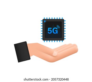 5G eSIM Embedded SIM Karte mit dem Handsymbol Symbol Konzept. neue Chip-Mobilfunk-Kommunikationstechnologie. Vektorgrafik.