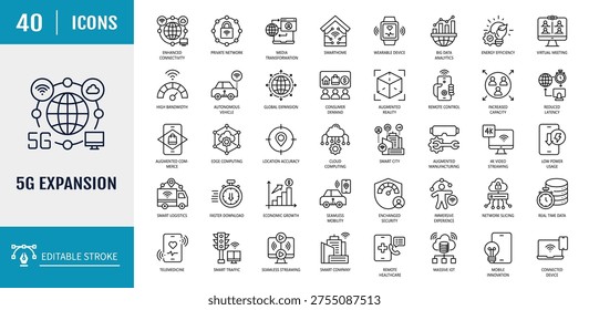 	
5G expansion icon set. Includes faster internet speed, reduced latency, enhanced connectivity, smart city, autonomous vehicle. Outline icon set. Vector illustration with editable stroke