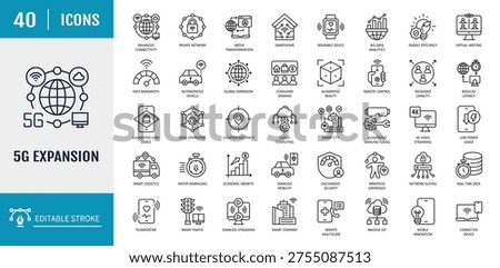 	
5G expansion icon set. Includes faster internet speed, reduced latency, enhanced connectivity, smart city, autonomous vehicle. Outline icon set. Vector illustration with editable stroke