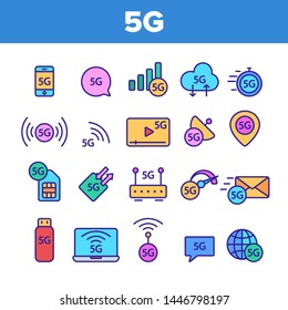 5G Fast Network, Connection To Website Vector Icons Set. High Speed Internet, 5G Generation Of Service Contour. Internet Provider, Connection Type, Wifi, Wireless Distribution Thin Line Illustration