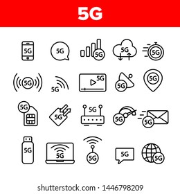 5G schnelles Netzwerk, Verbindung zu Website-Vektorsymbole Set. Hochgeschwindigkeits-Internet, 5G-Generierung von Servicequalität. Internet-Provider, Verbindungstyp, Wifi, Wireless-Distribution Thin Line Illustration