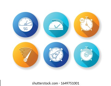 5G fast speed connection flat design long shadow glyph icons set. Stop-watches, speedometer. Mobile cellular network. Low latency Internet access. Silhouette RGB color illustration