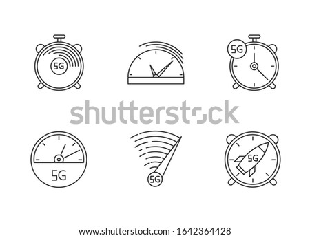 5G fast speed connection pixel perfect linear icons set. Stop-watches, speedometer. Low latency Internet. Customizable thin line contour symbols. Isolated vector outline illustrations. Editable stroke