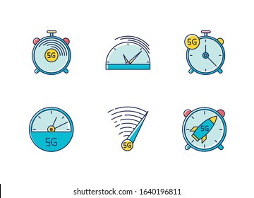 5G fast speed connection RGB color icons set. Stop-watches, speedometer. Mobile cellular network. Low latency Internet access. Wireless technology. Isolated vector illustrations