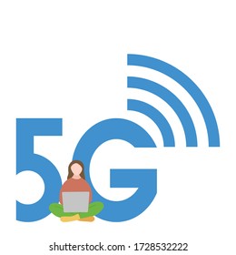 5g. Fifth five generation of internet symbol. 5g technology icon. High speed internet connection. Person sitting and working on laptop. Girl freelancer watching on computer screen. Online working from