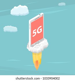 5g Flat Isometric Vector Concept. Smartphone With A Title 5G Is Flying In The Sky Like A Rocket.