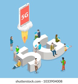 5g flat isometric vector concept. People with mobile devices are sitting and standing on and around the big letters 5G.