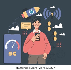 Concepto de diseño simple de estilo plano 5G. Ilustración gráfica de dibujos animados de Vector