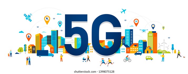 5G Flat vector illustration. People with mobile devices in the smart city