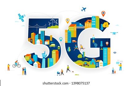 5G Flat vector illustration. People with mobile devices in the smart city