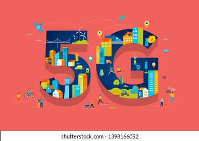 5G Flat vector illustration. People with mobile devices in the smart city