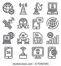 5G Generation Mobile Communication Icons Set. Line Style Vector