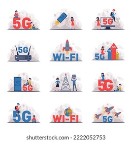 5G global network high speed innovation connection technologies set. People using mobile internet for working, online gaming and communication cartoon vector illustration