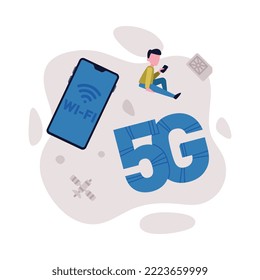 5-G-Hochgeschwindigkeitsverbindung im globalen Netz. Kleine Person, die mobiles Hochgeschwindigkeits-Internet zum Arbeiten, Online-Gaming und Kommunikationskarikatur nutzt Vektorgrafik