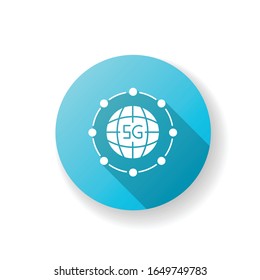5G global standard blue flat design long shadow glyph icon. World coverage. Wireless connection, technology. Mobile cellular network. Silhouette RGB color illustration
