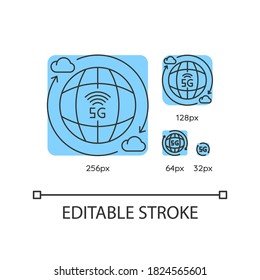5G global standard blue linear icons set. World coverage. Wireless connection, technology. Thin line customizable 256, 128, 64 and 32 px vector illustrations. Contour symbols. Editable stroke