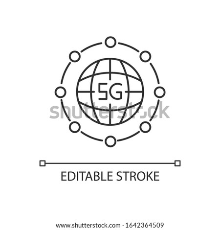 5G global standard pixel perfect linear icon. World coverage. Wireless connection, technology. Thin line customizable illustration. Contour symbol. Vector isolated outline drawing. Editable stroke