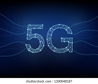 5G glowing background with polygon mesh. Wireless wifi internet connection concept. Binary code waves flying from the caption. Vector eps 10.