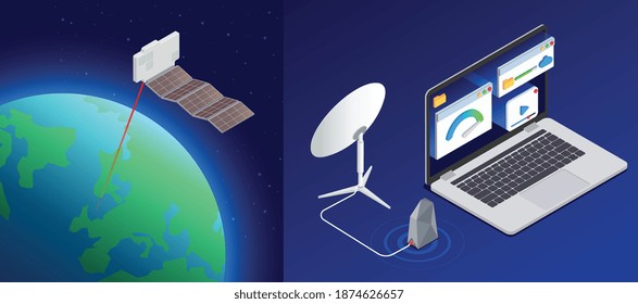 Composición isométrica de Internet de alta velocidad con antena parabólica y portátil con visión de la ilustración del vector del globo terrestre