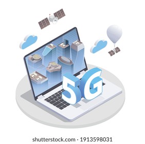 5g high speed internet isometric composition with round platform and image of laptop with 5g icons vector illustration